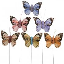 Veervlinders, decoratieve vlinders op stok, bloemstekkers roze, oranje, violet, bruin, blauw, beige 6×8cm 12st