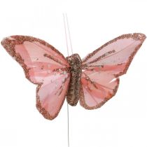 Artikel Vlinders met mica, trouwdecoratie, sierstekkers, veren vlinder geel, beige, roze, wit 9.5×12.5cm 12st