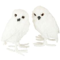 Artikel Sneeuwuil decoratieve uil wit met bont en veren 15,5cm 2st