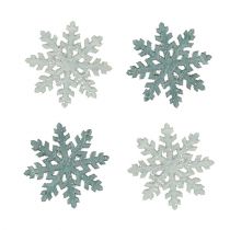 Sneeuwvlok glitter hout 4cm grijs 72st