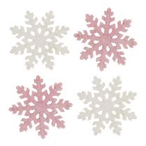 Sneeuwvlok 4cm roze/wit met glitter 72st