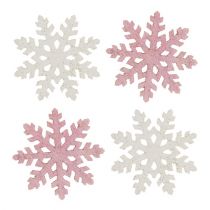 Artikel Sneeuwvlok 4cm roze/wit met glitters 72 st