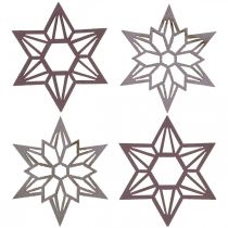 Artikel Decoratie sterren paars houten sterren sneeuwvlokken zelfklevend 4cm mix 36st
