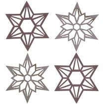 Artikel Decoratieve sterren paars houten sterren sneeuwvlokken zelfklevend 4cm mix 36 st