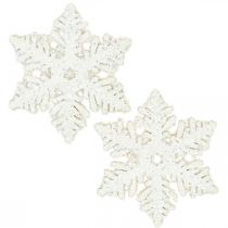 Artikel Sneeuwvlokken hout 4cm wit met mica 72st