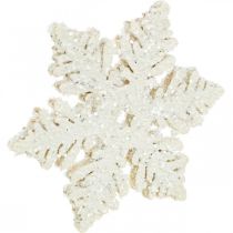 Artikel Sneeuwvlokken hout 4cm wit met mica 72 st
