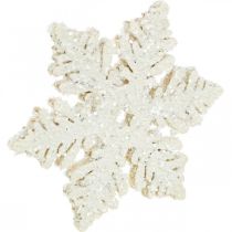 Artikel Sneeuwvlokken hout 4cm wit met mica 72st