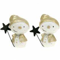 Decoratiefiguur sneeuwpop wit/goud 7,5cm 4st