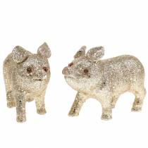 Decoratief varken glitter champagne 10cm 8st