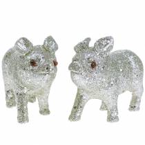 Decoratief varken glitter zilver 10cm 8st