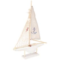 Artikel Zeilboot decoratie hout grenen op voet naturel wit H39cm