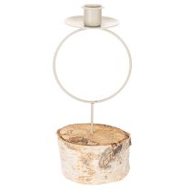 Artikel Kandelaar met voet van berkenhout en metalen ring, 20 cm