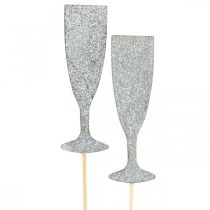 Artikel Oud en Nieuw decoratie champagne glas zilver bloem plug 9cm 18st