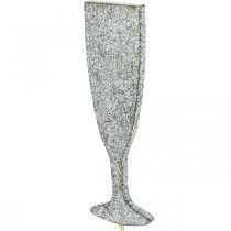 Oud en Nieuw decoratie champagne glas zilver bloem plug 9cm 18st