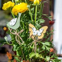 Artikel Plug vogel vlinder, hout decoratie, plant plug lente decoratie groen, geel L24/25cm 12st