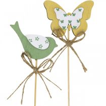Plug vogel vlinder, hout decoratie, plant plug lente decoratie groen, geel L24/25cm 12st