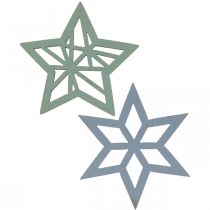 Deco sterren hout blauw, groen houten sterren kerst 4cm mix 36st