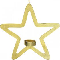 Decoratieve ster theelichthouder metaal om op te hangen goudkleurig 24cm