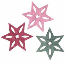 Artikel Strooidecoratie ster roze, grijs geassorteerd hout 4cm 72 st