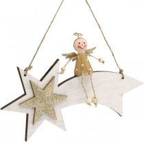 Artikel Engel op vallende ster, Kerstdecoratie om op te hangen, Advent Wit, Gouden H13cm B21.5cm 2st