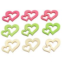 Artikel Strooi houten harten assorti. 4cm 72 stuks