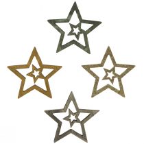 Artikel Strooidecoratie kerstster hout 4 kleuren Ø4cm 72 st