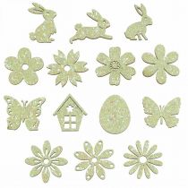 Artikel Strooidecoratie houten strooidelen lente Pasen groen 2–4cm 64 st
