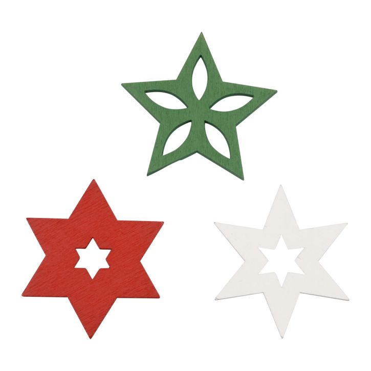 Artikel Strooidecoratie kerst houten sterren rood/wit/groen Ø3,5cm 72 st