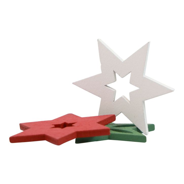Strooidecoratie kerst houten sterren rood/wit/groen Ø3,5cm 72st