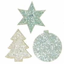 Artikel Kerstdecoratie wit / turquoise pailletten 36st