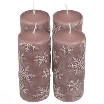 Artikel Stoerkaarsen roze kaarsen sneeuwvlokken 150/65mm 4st
