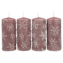 Artikel Stoerkaarsen roze kaarsen sneeuwvlokken 150/65mm 4st