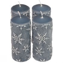 Artikel Stoerkaarsen blauwe kaarsen sneeuwvlokken 150/65mm 4st
