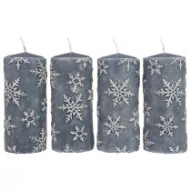 Artikel Stoerkaarsen blauwe kaarsen sneeuwvlokken 150/65mm 4st