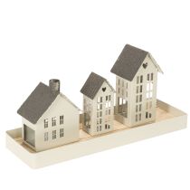 Artikel Vuurtorenset van metaal, drie huisjes op een dienblad, 35 cm, 1 set