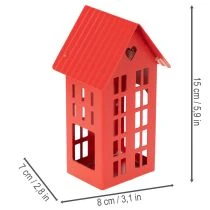 Artikel Metalen theelichthouder in de vorm van huisjes, rood, met schaaltje, 35 cm, 1 set