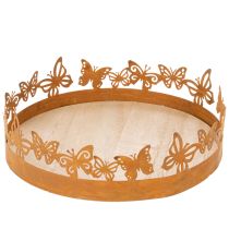 Artikel Dienblad met vlinders, veer, tafeldecoratie, metalen decoratie, roestige afwerking, Ø20cm H6,5cm
