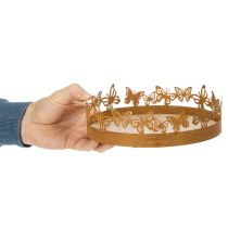 Artikel Dienblad met vlinders, veer, tafeldecoratie, metalen decoratie, roestige afwerking, Ø20cm H6,5cm