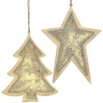 Artikel Metalen hangers spar en ster, kerstboomversieringen, kerstdecoratie gouden, antiek look H15.5 / 17cm 4st