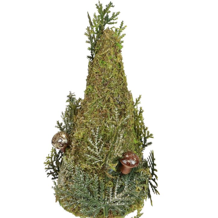 Artikel Dennenboom decoratie boom mos kegels paddenstoelen groen goud H35cm