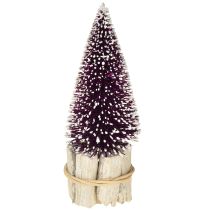 Artikel Decoratieve kerstboom in paars met sneeuwpunt op een rustieke houten voet 15cm 3 stuks.