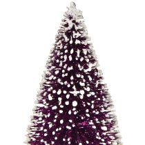 Artikel Decoratieve kerstboom in paars met sneeuwpunt op een rustieke houten voet 15cm 3 stuks.