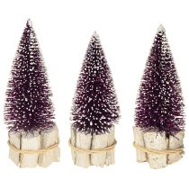 Artikel Decoratieve kerstboom in paars met sneeuwpunt op een rustieke houten voet 15cm 3 stuks.