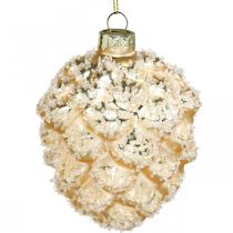 Artikel Kegels om op te hangen, boomdecoraties, met sneeuw bedekte deco kegels Gouden H9.5cm Ø8cm echt glas 3st