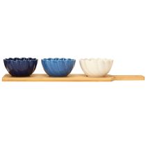 Artikel Tapasset met keramiek kommen op dienblad blauw en wit 40×10cm