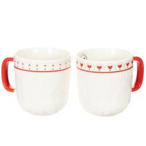Artikel Koffiemok met rood handvat, gebreid patroon en hartversiering, keramiek, 9 cm, 2 stuks