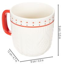Artikel Koffiemok met rood handvat, gebreid patroon en hartversiering, keramiek, 9 cm, 2 stuks