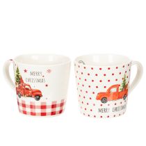 Artikel Kerstmok met auto en kerstboom, keramische mokken, 10 cm, 2 stuks