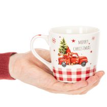 Artikel Kerstmok met auto en kerstboom, keramische mokken, 10 cm, 2 stuks