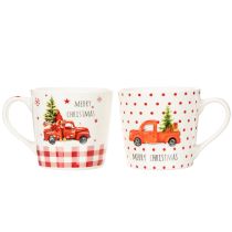 Artikel Kerstmok met auto en kerstboom, keramische mokken, 10 cm, 2 stuks